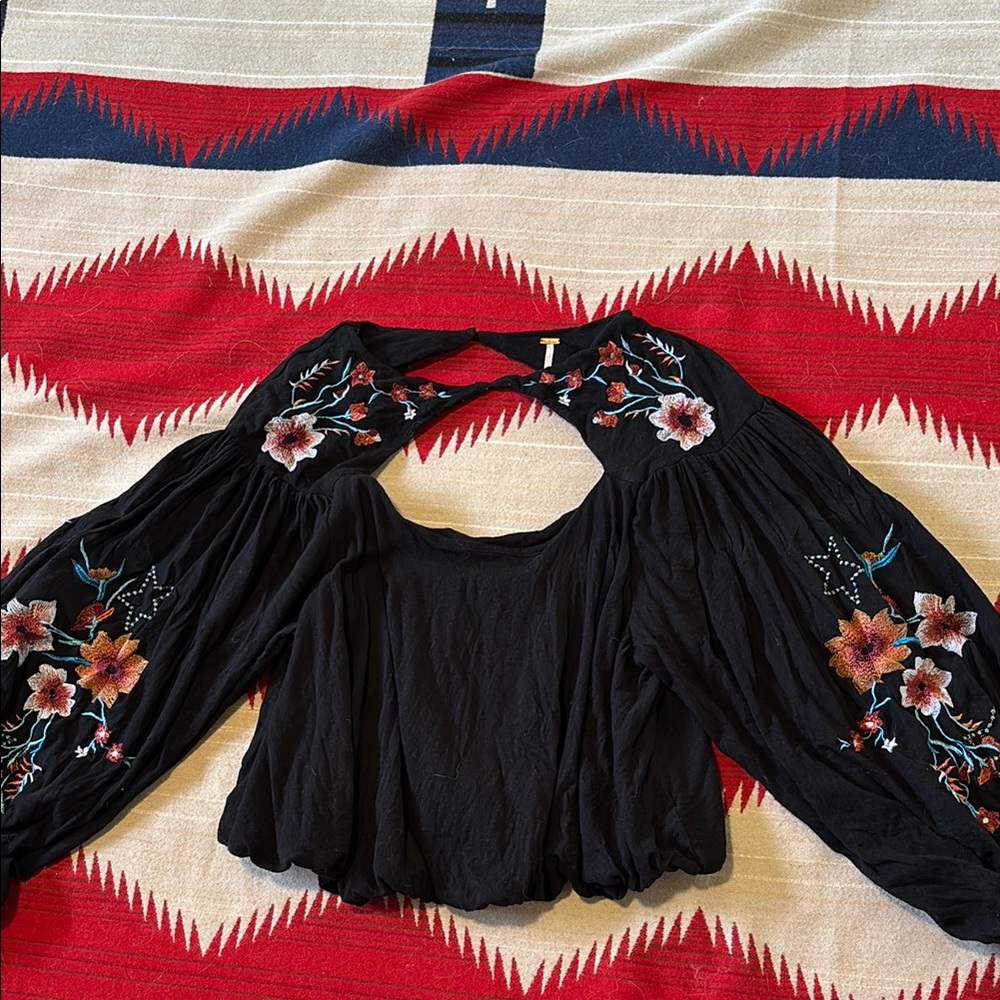 Free People Black Blouse with Colorful Floral Details